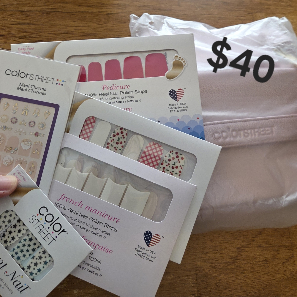 Color Street Nail Polish Strips Set And Make-up Bag - Pink, Red, Blue, White